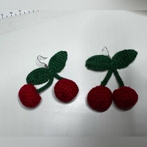 NWT Handcrafted Cherry Earrings Crocheted Red Cherries Silver Tone Hardware